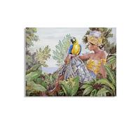 Toile décorative Toile et Bois 120x3x90 cm Multicolore - Imprimé femme avec perroquet