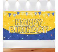 Toile Fond Joyeux Anniversaire Dessin Animé, 180x100cm Toile Fond Bannière Fête d'anniversaire Banane Jaune et Bleue Table Gâteau Décorations Fête Thème Film Animé et Accessoires Photomaton