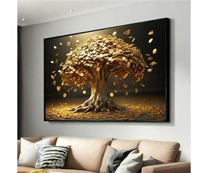 Toile imprimée Arbre à argent doré - Pièces de monnaie tombant de la richesse surréaliste - Décoration murale prospérité et abondance - Décoration pour la réussite financière (21x30cm/sans cadre)