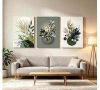 Toile imprimée Boho Verte Botanique Sage Abstraite Plante Neutre Tableau Mural Décoration Salon Poster Fresque (60x80cmx3/Sans Cadre)