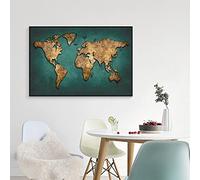 Toile Mur Art Carte Du Monde Vintage Vert Foncé Cartes Mondiales Peintures Pour Bureau Maison Salon Salle De Réunion Décor Photos 80x120cm (32x47in) Sans Cadre