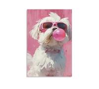 Toile murale 30,5 x 45,7 cm - Chien blanc portant des lunettes de soleil roses, soufflant un chewing-gum rose - Peintures de décoration d'intérieur pour la maison, la chambre à coucher (sans cadre)