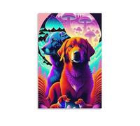Toile murale 30,5 x 45,7 cm - Deux chiens avec des chiens plus petits en dessous d'eux, dans un cadre coloré et fantastique avec des champignons et des arbres - Peintures de décoration d'intérieur