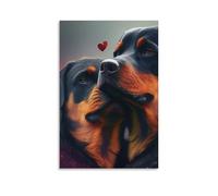 Toile murale 30,5 x 45,7 cm - Deux Rottweilers avec un cœur entre eux - Peintures de décoration d'intérieur pour la maison, la chambre à coucher (sans cadre)