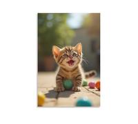 Toile murale 30,5 x 45,7 cm - Petit chaton tigré jouant avec des balles colorées - Peintures de décoration d'intérieur pour la maison, la chambre à coucher (sans cadre)