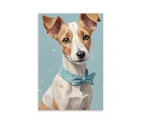 Toile murale 30,5 x 45,7 cm - Petit chien avec fourrure marron et blanche portant un collier à pois bleus et un nœud papillon - Peintures de décoration d'intérieur pour la maison, la chambre à coucher