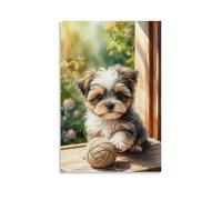 Toile murale 30,5 x 45,7 cm - Petit chiot avec fourrure moelleuse assis sur un rebord de fenêtre tenant une pelote de fil - Peintures de décoration d'intérieur pour la maison, la chambre à coucher