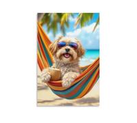 Toile murale 30,5 x 45,7 cm - Un petit chien dans un hamac coloré tenant une boisson à la noix de coco avec des lunettes de soleil - Peintures de décoration d'intérieur pour la maison, la chambre à