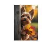 Toile murale 30,5 x 45,7 cm - Un petit chien tenant des feuilles d'automne, regardant derrière un poteau en bois - Peintures de décoration d'intérieur pour la maison, la chambre à coucher (sans cadre)