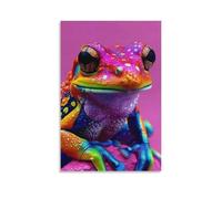 Toile murale 30,5 x 45,7 cm - Une grenouille colorée vibrante avec des taches et des motifs lumineux sur son corps, assise sur une surface rose - Peintures de décoration d'intérieur pour la maison, la
