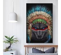 Toile murale 3D représentant un chef de guerre indien et un loup, pour salon, chambre, cuisine, couloir, escaliers, 20 x 30 cm