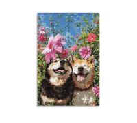 Toile murale 40,6 x 61 cm - Deux chiens avec bouche ouverte et langue dehors, entourés de fleurs roses - Peintures de décoration d'intérieur pour la maison, la chambre à coucher (sans cadre)