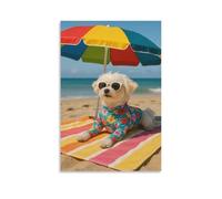 Toile murale 40,6 x 61 cm - Petit chien blanc portant une chemise florale - Peintures de décoration d'intérieur pour la maison, la chambre à coucher (sans cadre)