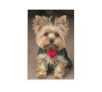 Toile murale 40,6 x 61 cm - Petit chiot Yorkshire Terrier avec une longue fourrure moelleuse portant un pendentif en forme de cœur rouge autour du cou - Peintures de décoration d'intérieur pour la