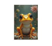 Toile murale 40,6 x 61 cm - Petite grenouille jaune avec de grands yeux noirs, assise sur un rocher, couverte de gouttelettes d'eau - Peintures de décoration d'intérieur pour la maison, la chambre à