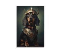Toile murale 40,6 x 61 cm - Teckel portant un casque viking et une armure avec un collier décoratif - Peintures de décoration d'intérieur pour la maison, la chambre à coucher (sans cadre)