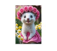 Toile murale 40,6 x 61 cm - Un furet blanc portant une robe rose et une couronne de roses roses assis parmi des fleurs - Peintures de décoration d'intérieur pour la maison, la chambre à coucher (sans