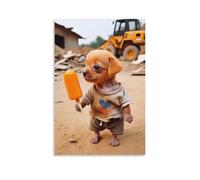 Toile murale 40,6 x 61 cm - Un petit chiot tenant une glace orange portant une chemise et un short en lambeaux - Peintures de décoration d'intérieur pour la maison, la chambre (sans cadre)