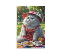 Toile murale 50,8 x 76,2 cm - Chat blanc portant un chapeau rouge et une robe assis sur une couverture de pique-nique avec des collations, du thé et des fruits - Peintures de décoration d'intérieur
