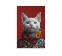 Toile murale 50,8 x 76,2 cm - Chat blanc portant une veste colorée à motifs avec une chaîne dorée autour du cou - Peintures de décoration d'intérieur pour la maison, la chambre à coucher (sans cadre)