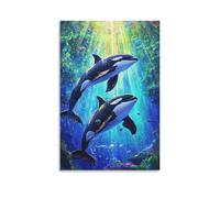 Toile murale 50,8 x 76,2 cm - Deux orques nageant dans l'océan avec des rayons de soleil et des petits poissons autour - Peintures de décoration d'intérieur pour la maison, la chambre à coucher (sans