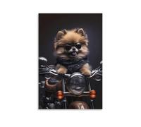 Toile murale 50,8 x 76,2 cm - Petit chien moelleux portant des lunettes de soleil et un bandana en cuir, assis sur une moto - Peintures de décoration d'intérieur pour la maison, la chambre à coucher