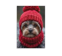 Toile murale 50,8 x 76,2 cm - Petit chien portant un chapeau en tricot rouge avec un pompon et une écharpe assortie - Peintures de décoration d'intérieur pour la maison, la chambre à coucher (sans