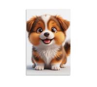 Toile murale 50,8 x 76,2 cm - Petit chiot moelleux avec fourrure marron, blanche et orange, grands yeux ronds et une expression heureuse - Peintures de décoration d'intérieur pour la maison, la
