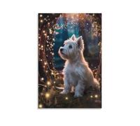 Toile murale 50,8 x 76,2 cm - Un chien blanc assis dans une forêt avec des lumières lumineuses - Peintures de décoration d'intérieur pour la maison, la chambre à coucher (sans cadre)
