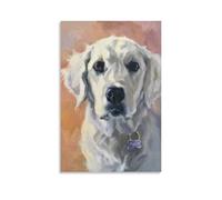 Toile murale 61 x 91,4 cm - Chien blanc avec une étiquette en os violet autour du cou, regardant directement le spectateur - Peintures de décoration d'intérieur pour la maison, la chambre (sans cadre)