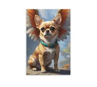 Toile murale 61 x 91,4 cm - Petit chien avec des ailes dorées et blanches, portant un collier bleu, assis sur un rocher - Peintures de décoration d'intérieur pour la maison, la chambre à coucher (sans
