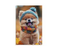 Toile murale 61 x 91,4 cm - Petit chien portant un chapeau et une écharpe en tricot, assis sur des feuilles d'automne - Peintures de décoration d'intérieur pour la maison, la chambre à coucher (sans