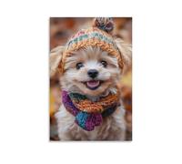 Toile murale 61 x 91,4 cm - Petit chien portant un chapeau et une écharpe en tricot, avec une fourrure moelleuse et une expression heureuse - Peintures de décoration d'intérieur pour la maison, la