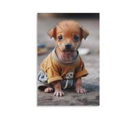 Toile murale 61 x 91,4 cm - Petit chiot marron portant une chemise jaune et un pantalon gris, assis sur le sol avec de grands yeux - Peintures de décoration d'intérieur pour maison, chambre à coucher