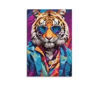 Toile murale 61 x 91,4 cm - Tigre portant des lunettes de soleil et une veste colorée, avec un pendentif doré autour du cou - Peintures de décoration d'intérieur pour la maison, la chambre à coucher