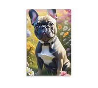 Toile murale 61 x 91,4 cm - Un bouledogue français assis dans un champ de fleurs, portant un collier noir, avec des fleurs colorées autour - Peintures de décoration d'intérieur pour la maison, la