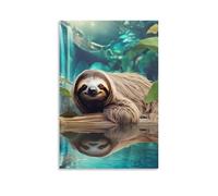 Toile murale 61 x 91,4 cm - Un paresseux allongé sur une bûche au bord de l'eau, avec son reflet visible dans l'eau - Peintures de décoration d'intérieur pour maison, chambre à coucher (sans cadre)