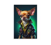 Toile murale 61 x 91,4 cm - Un petit chien portant une veste en cuir noir, une chemise jaune et des accessoires - Peintures de décoration d'intérieur pour la maison, la chambre à coucher (sans cadre)