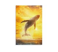 Toile murale 61 x 91,4 cm - Une baleine sautant hors de l'océan, avec la lumière du soleil qui brille autour, créant une scène dynamique et dorée - Peintures de décoration d'intérieur pour maison