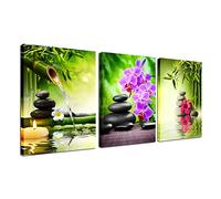 Toile murale à 3 panneaux - impressions sur toile de peintures à thème zen bambou vert - Peinture encadrée pour salon, chambre à coucher, cuisine, bureau, pierres et orchidées, spa - Affiche d'œuvre