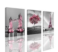 Toile murale à 3 panneaux - Impressions sur toile représentant la Tour Eiffel de Paris rose, noir et blanc avec pont de Londres rose pour chambre de filles et d'adolescentes, encadrées et prêtes à