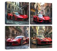 Toile murale à 4 panneaux - Impressions sur toile de peintures à thème voiture de sport rouge, voitures de course rouges, supercar dans la rue - Œuvre d'art contemporain pour chambre de garçon (30 x