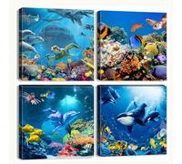 Toile murale à 4 pièces - impressions sur toile de peintures d'animaux marins, dauphins, tortues, poissons, baleines, monde sous-marin, bleu - 30,5 x 30,5 cm - affiches d'œuvres d'art pour décoration
