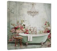 Toile murale à imprimé floral de bain - Roses vertes pêche vintage - Décoration de salle de bain printanière pour salon, chambre à coucher, salle de bain - 30,5 x 30,5 cm