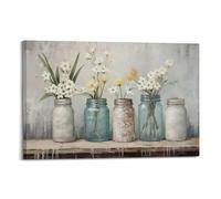 Toile murale à motif floral de ferme, peinture vintage fleur dans un bocal Mason - Images pour décoration de cuisine - Impressions sur toile encadrée - Impressions de fleurs sauvages inspirantes pour