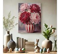 Toile murale à motif pivoine printanière, vase de fleurs rouges pêche, style vintage, décoration d'intérieur pour salon, chambre à coucher, cuisine, suspension murale, 30,5 x 40,6 cm