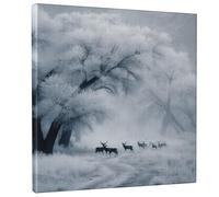 Toile murale à suspendre à motif de cerf, nature, arbres, brouillard, hiver, gris, œuvre d'art à suspendre pour cuisine, salon, appartement, salle à manger 30,5 x 30,5 cm