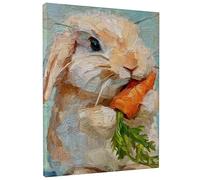 Toile murale à suspendre - Lapin - Impressionnisme - Carotte fantaisie, feuilles vertes, printemps orange - 20,3 x 25,4 cm