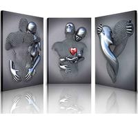 Toile murale abstraite 3D à 3 panneaux - Impressions sur toile de peintures à thème couple de cœurs - Impressions sur toile abstraite moderne, gris, noir et blanc - Affiches de peintures pour