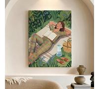 Toile murale abstraite à motif floral vert d'été, femme relaxante qui lise, décoration d'intérieur pour salon, chambre à coucher, bureau, 30,5 x 40,6 cm
